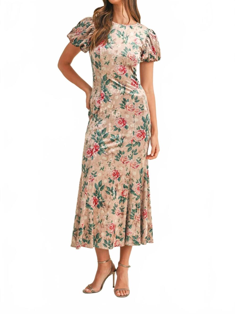 NEW MABLE puff sleeve velvet floral mermaid midi dress in light mocha